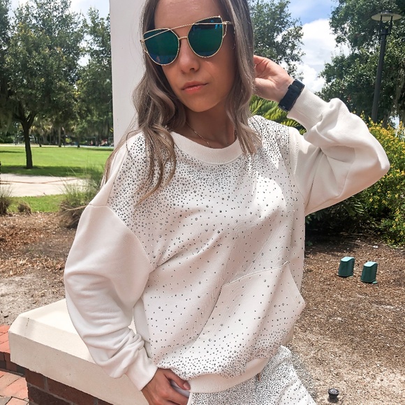 New Shiny Crewneck Sweatshirt, Lightweight Pullover, Oversized Rhinestone Hoodie - Picture 12 of 16